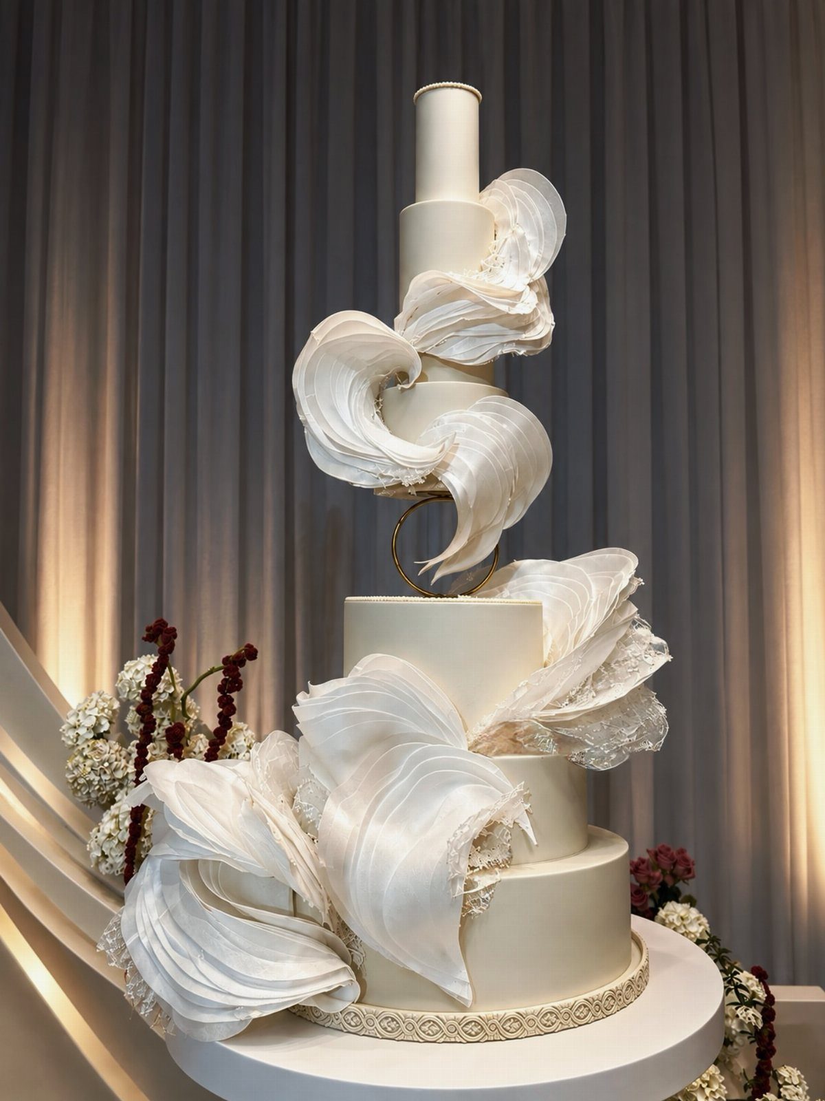 White tiered wedding cake with artistic swirling fondant waves and intricate lace details.