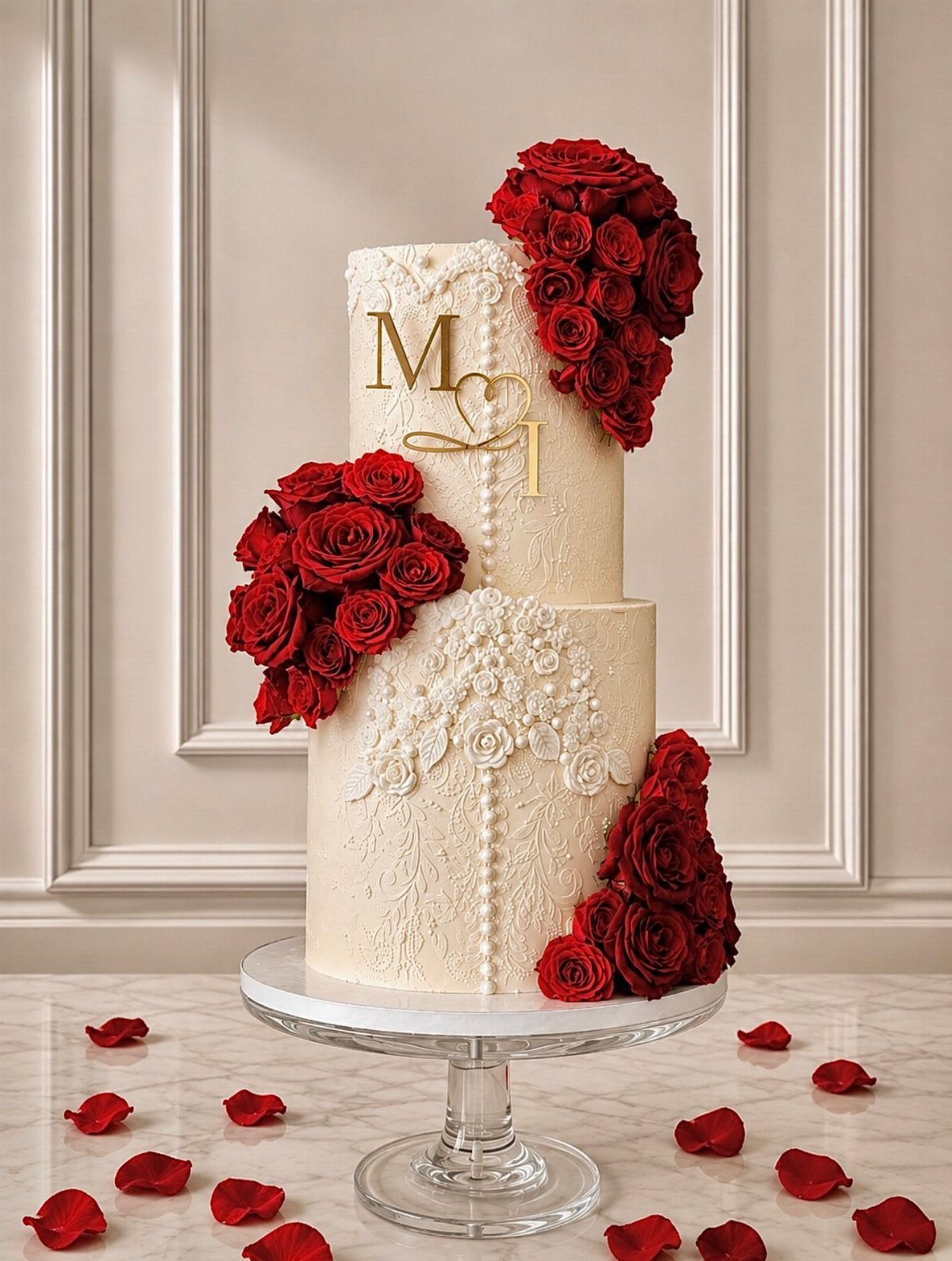 37 Wedding Cakes with Flowers to Inspire Your Design 13 Three-tier white wedding cake decorated with asymmetric clusters of red roses and gold initials.
