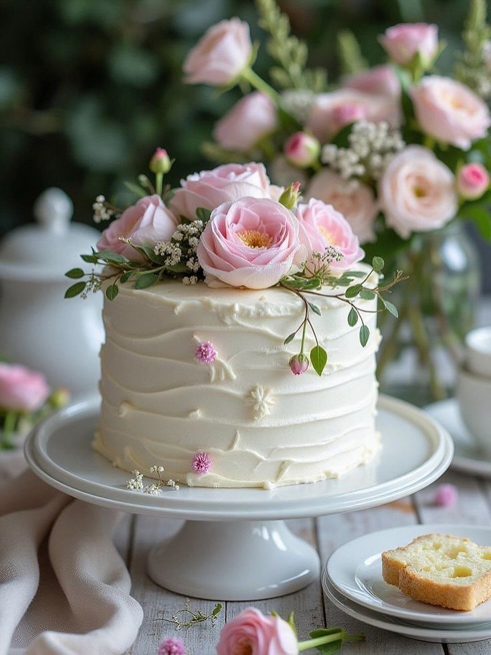 37 Wedding Cakes with Flowers to Inspire Your Design 30 White frosted cake topped with a cluster of pink roses and greenery.