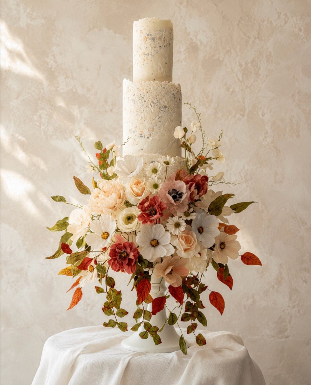 37 Wedding Cakes with Flowers to Inspire Your Design 28 Two-tier white lace wedding cake with a large arrangement of autumn flowers and leaves.