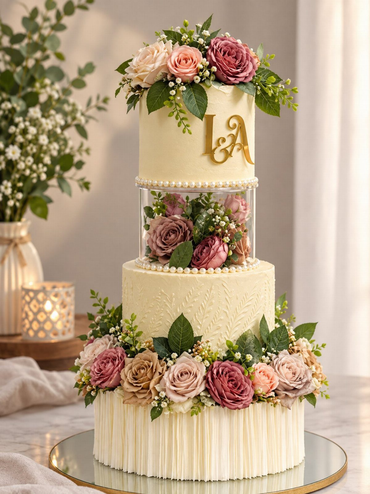 37 Wedding Cakes with Flowers to Inspire Your Design 24 Four-tier white wedding cake with pink roses and a clear floral acrylic tier.