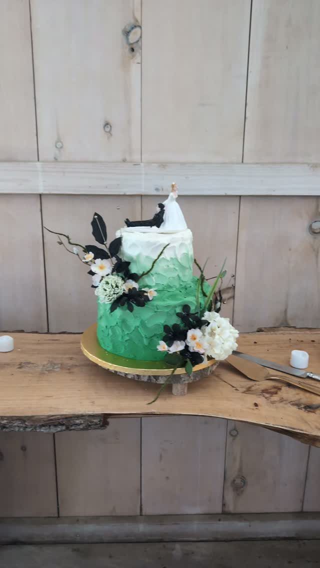 37 Wedding Cakes with Flowers to Inspire Your Design 38 Two-tier ombre green and white cake decorated with white flowers on wooden table