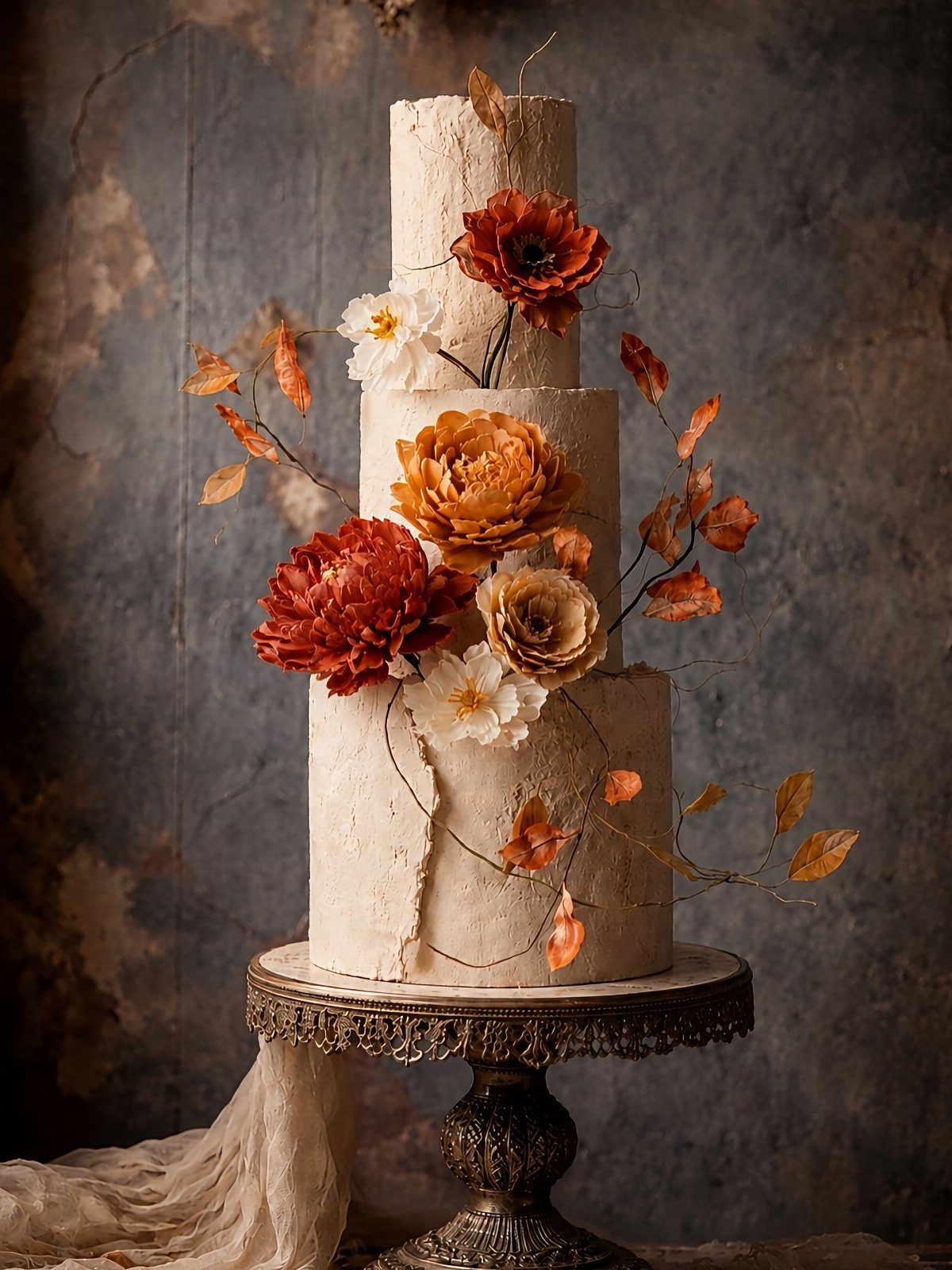 37 Wedding Cakes with Flowers to Inspire Your Design 12 Three-tier white cake decorated with orange flowers and long, thin brown stems.