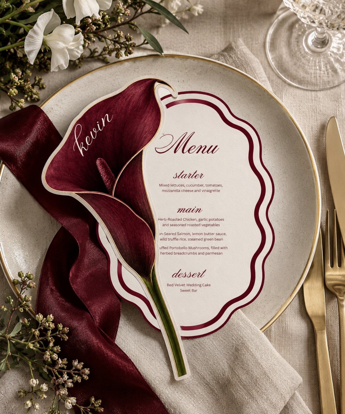Gold-rimmed plate with burgundy napkin, calla lily, and menu on linen tablecloth.