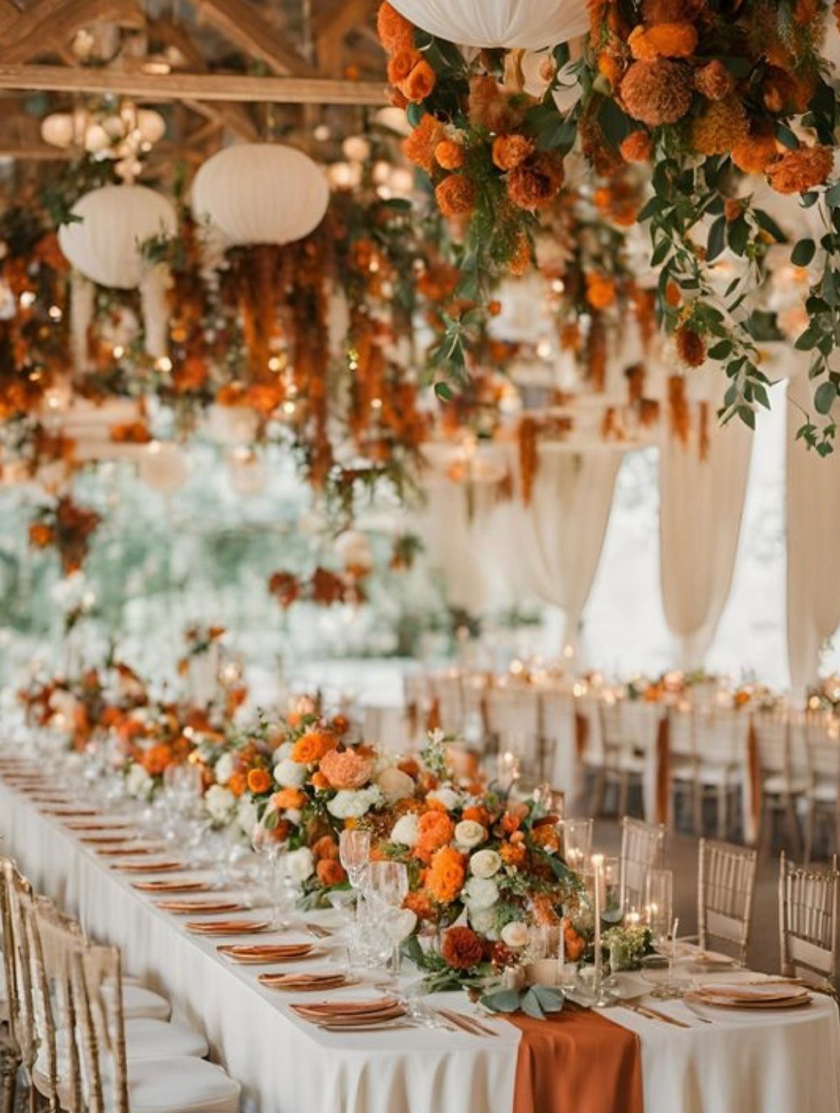Wedding reception table with burnt orange floral arrangements and hanging autumn flowers.