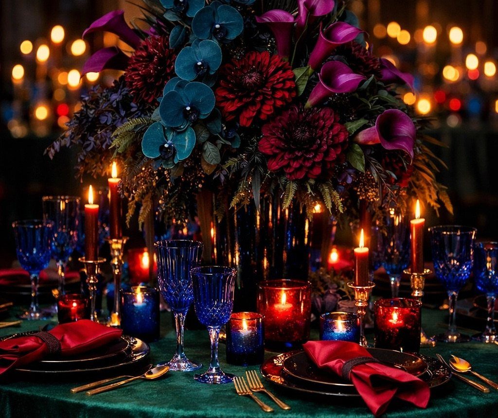 Jewel-toned table setting with teal and purple flowers, blue glasses, and lit candles.