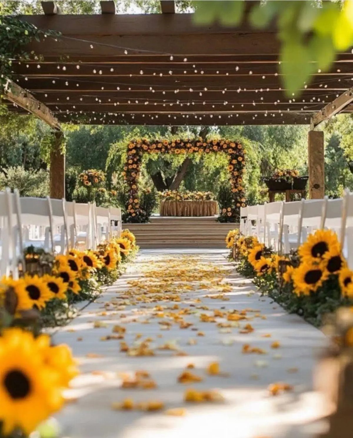 Outdoor wedding ceremony aisle lined with yellow sunflowers leading to a floral arch.