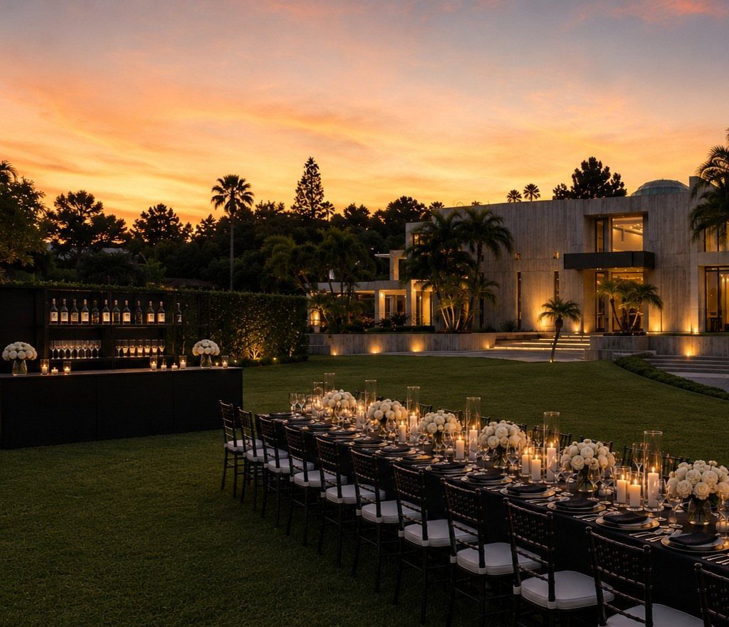 Long dinner table with white flowers and candles on a lawn at sunset.