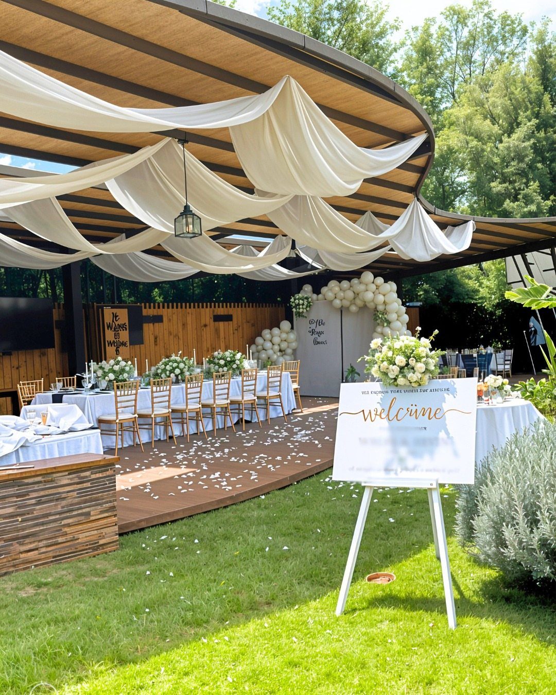 Outdoor wedding reception setup with a long white table under draped white fabric canopy.