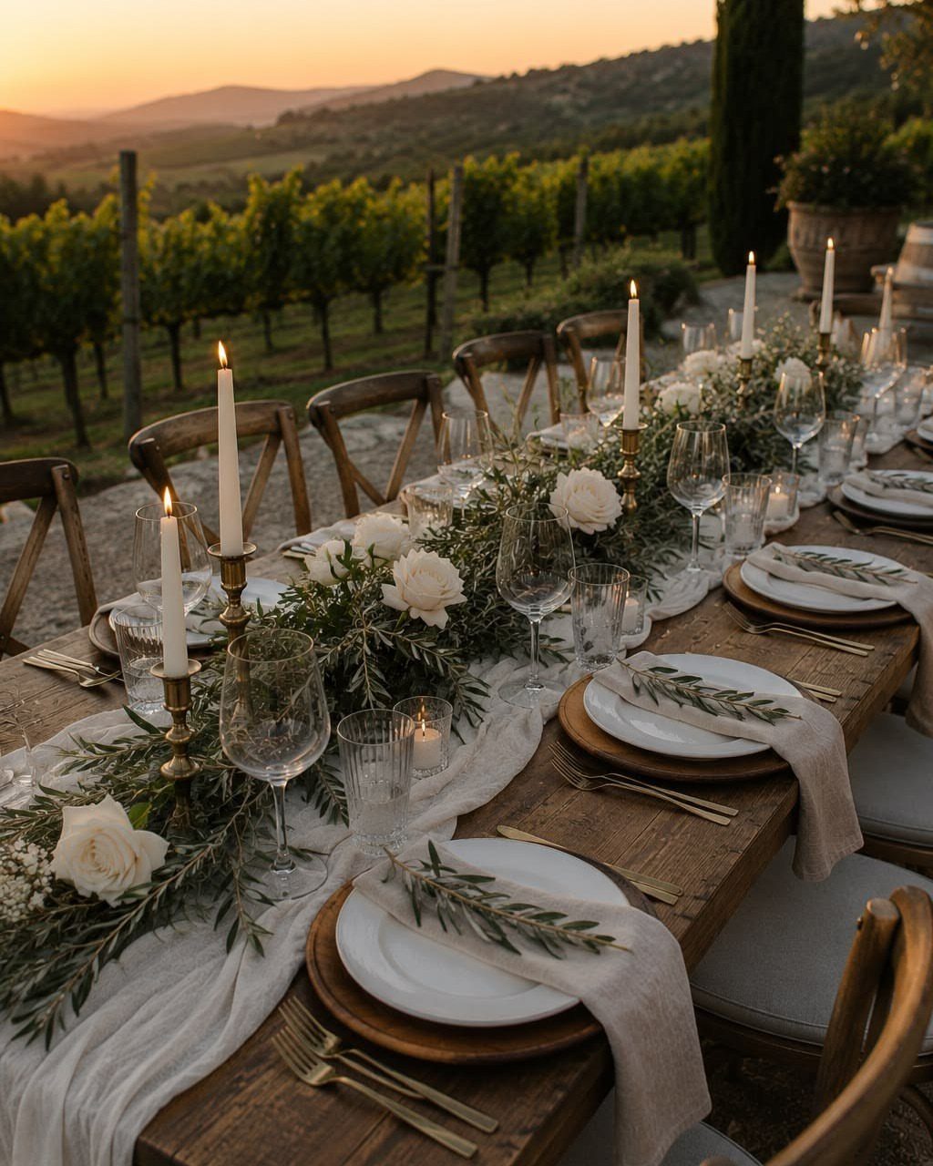 Elegant dinner table setting with white roses and candles overlooking a vineyard at sunset.