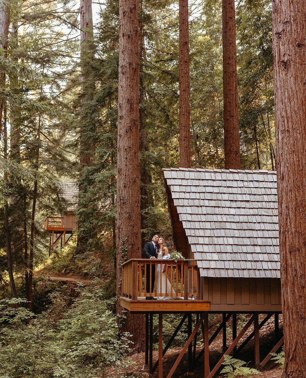 Bride and groom on a rustic cabin deck surrounded by tall redwood trees.