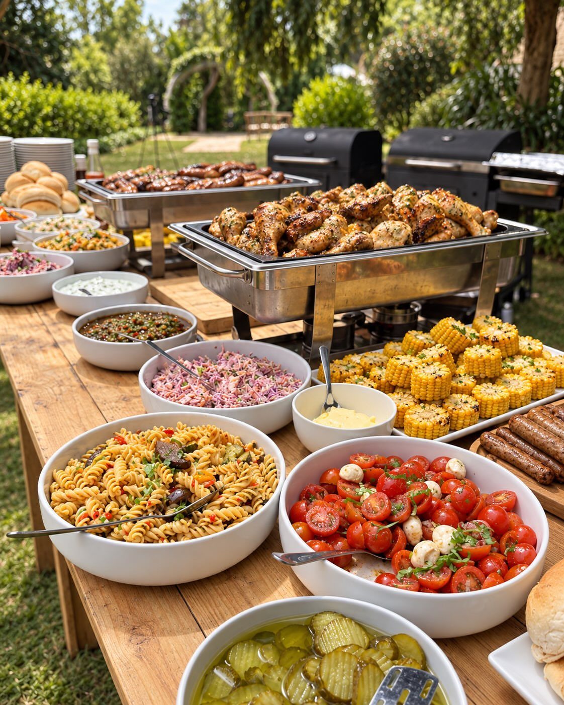 BBQ grazing table with grilled chicken, corn, pasta salad, and caprese in outdoor setting