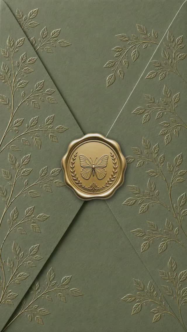 Wedding Mood Board Ideas: 39 Styles from Celestial to Coastal 24 Sage green envelope with gold embossed leaves and a gold butterfly wax seal.