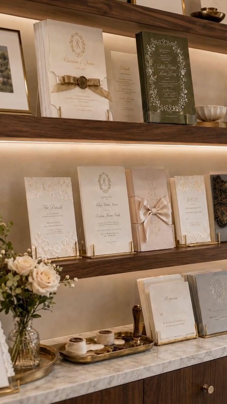 Wedding Mood Board Ideas: 39 Styles from Celestial to Coastal 23 Wedding invitations and stationery displayed on wooden shelves with white roses and candles.