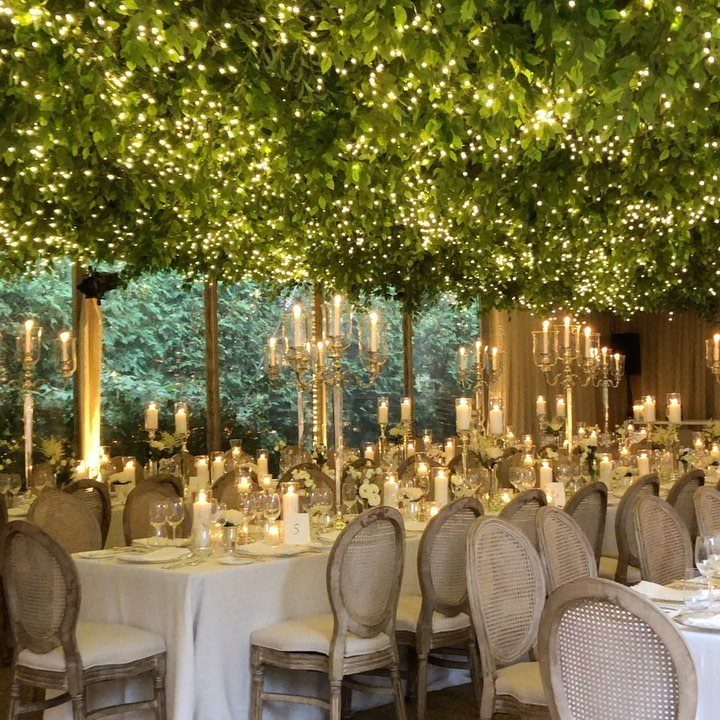 Wedding Mood Board Ideas: 39 Styles from Celestial to Coastal 35 Wedding reception tables with white linens under a ceiling of greenery and fairy lights.
