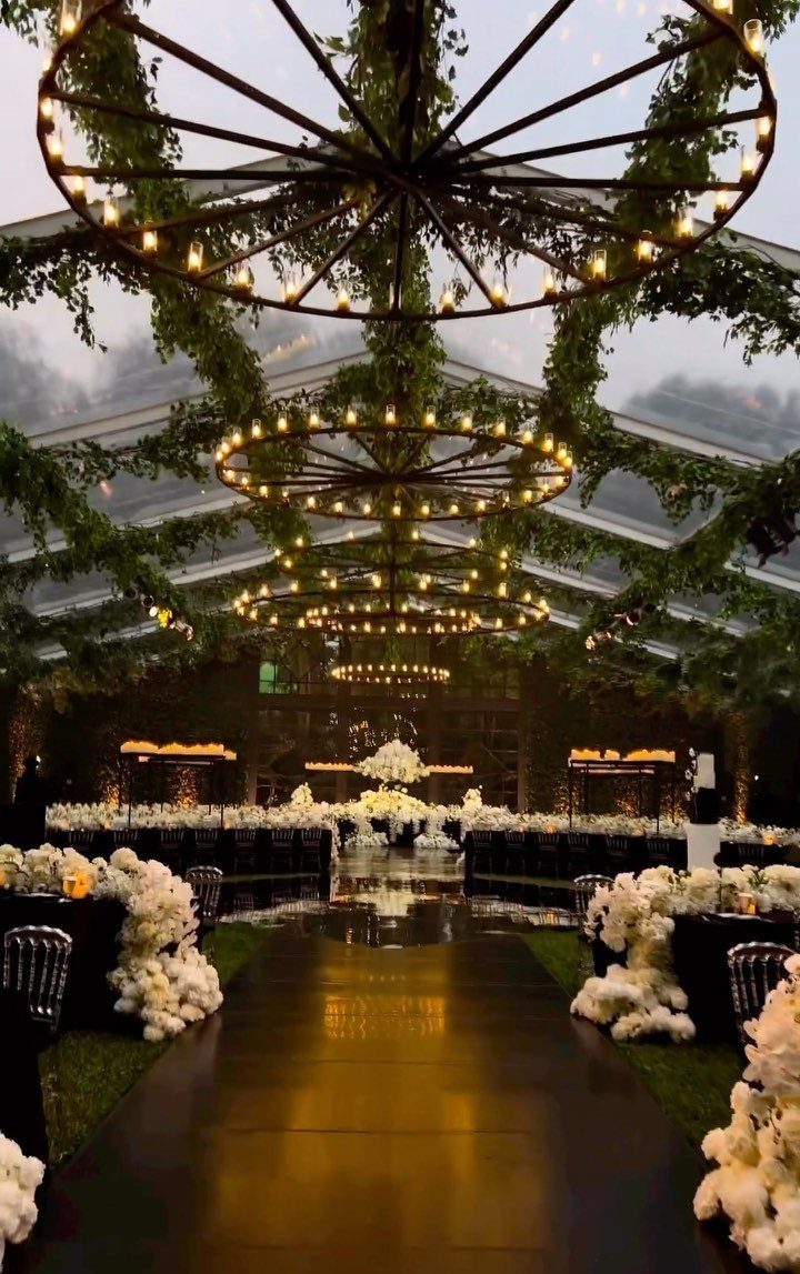 Wedding Mood Board Ideas: 39 Styles from Celestial to Coastal 8 Circular metal chandeliers with lights and climbing green vines in a wedding venue