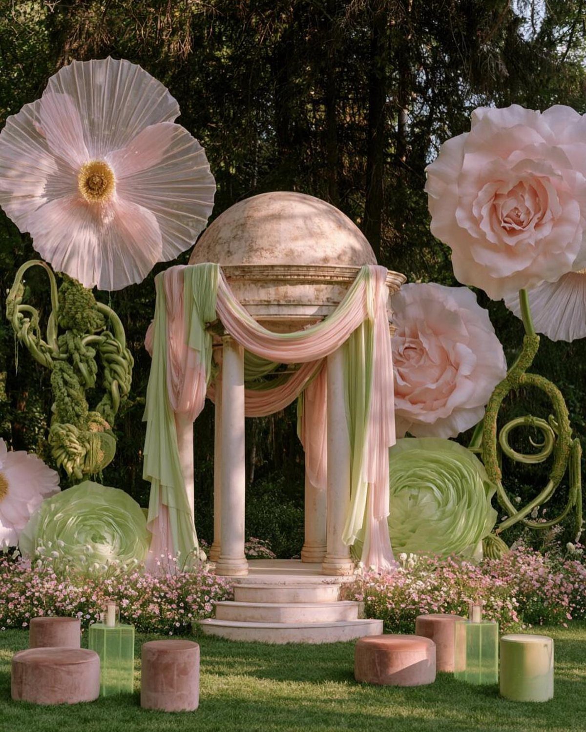 Wedding Mood Board Ideas: 39 Styles from Celestial to Coastal 32 Stone gazebo draped in pastel fabric surrounded by giant pink and green flowers.