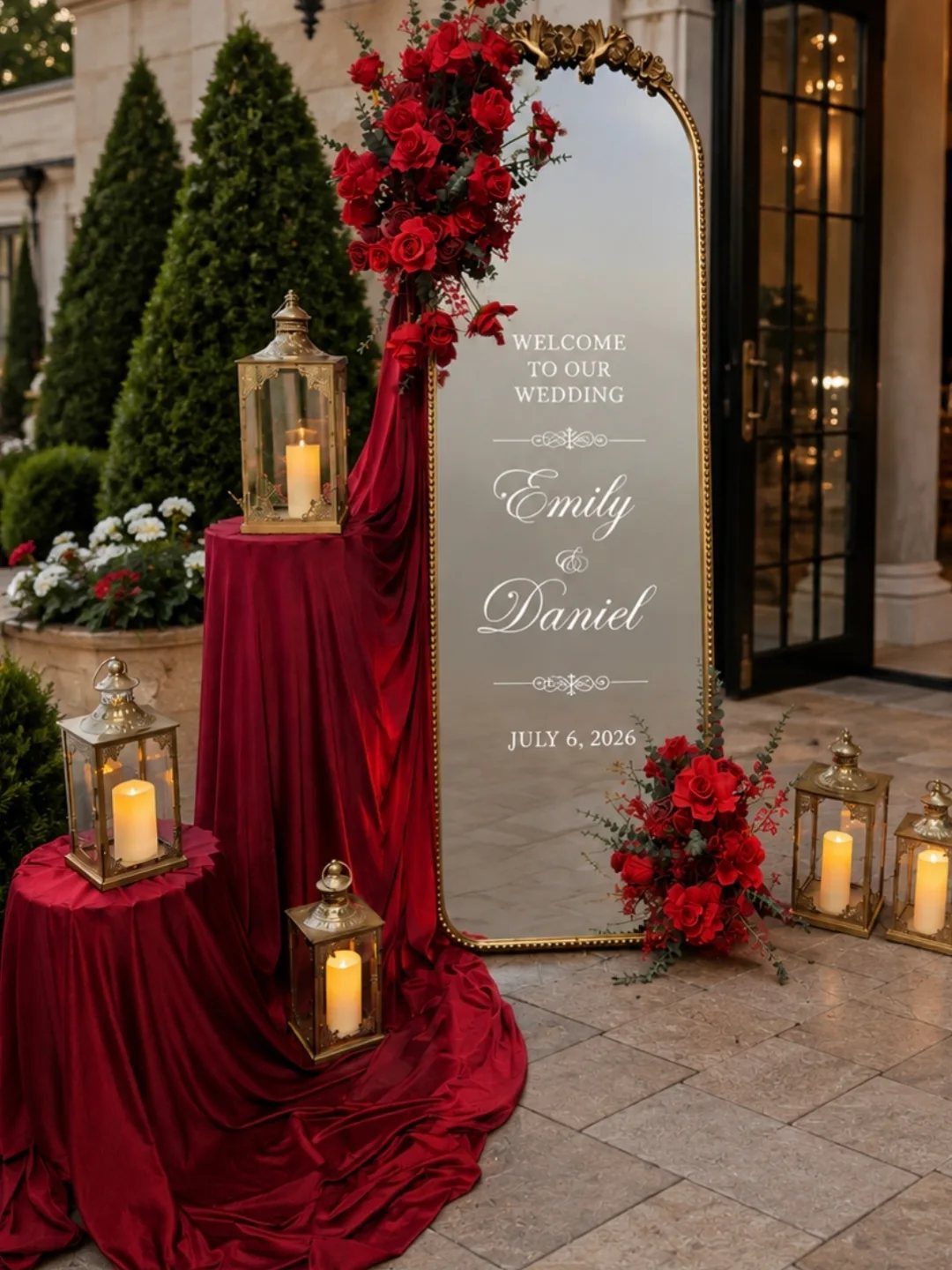 Wedding Mood Board Ideas: 39 Styles from Celestial to Coastal 27 Gold mirrored wedding welcome sign with red roses and lit gold lanterns.