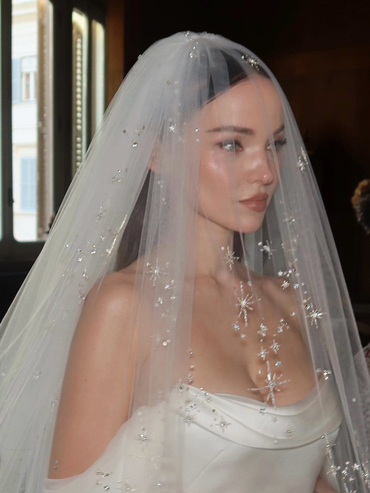 Wedding Mood Board Ideas: 39 Styles from Celestial to Coastal 14 Woman in a white wedding dress wearing a sheer veil with sparkling star sequins.