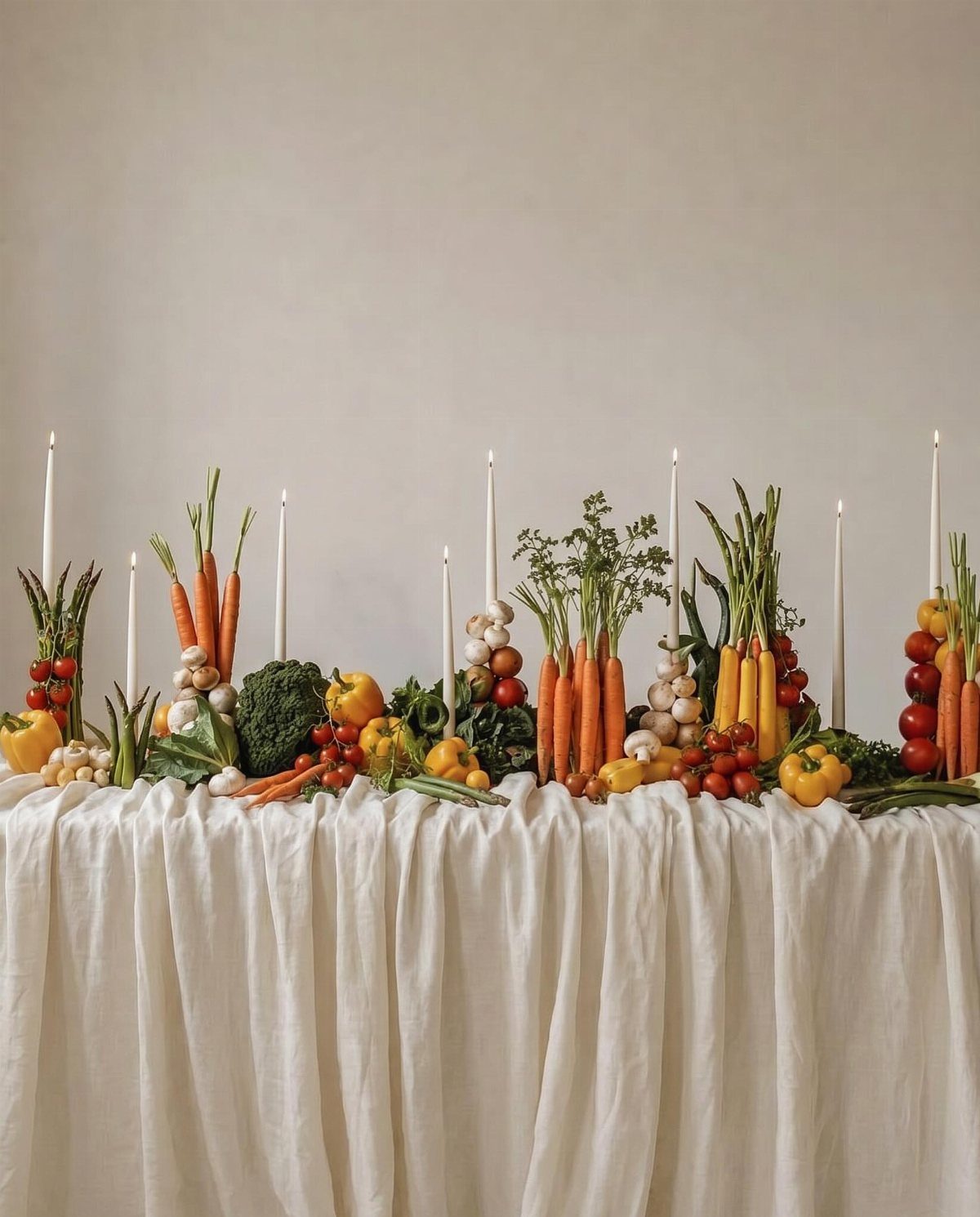 Wedding Mood Board Ideas: 39 Styles from Celestial to Coastal 20 Fresh vegetables and white candles arranged as a centerpiece on a white linen table.