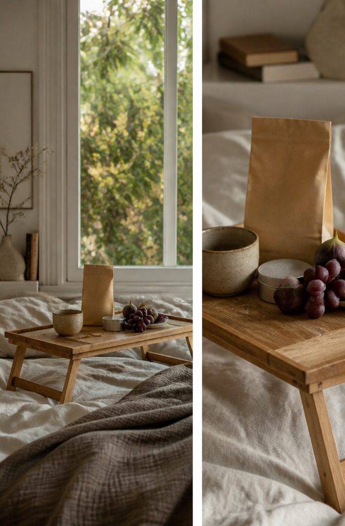Wood breakfast tray with artisan coffee and loose-leaf tea