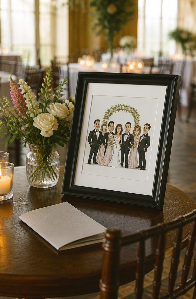 Exaggerated wedding sponsor figures in formal clothes with greenery