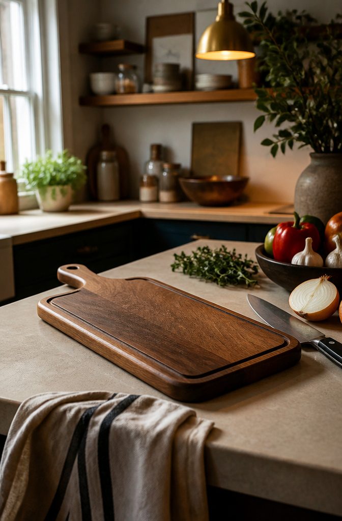 Walnut cutting board with shallow engraving and rounded handle