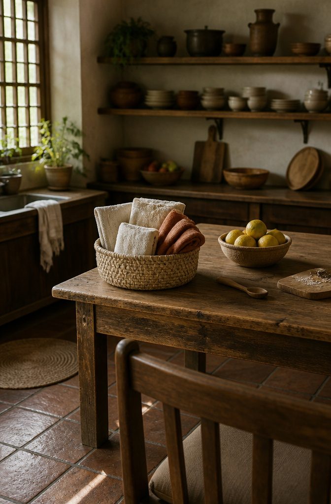 Household linens and small home goods arranged as wedding gifts