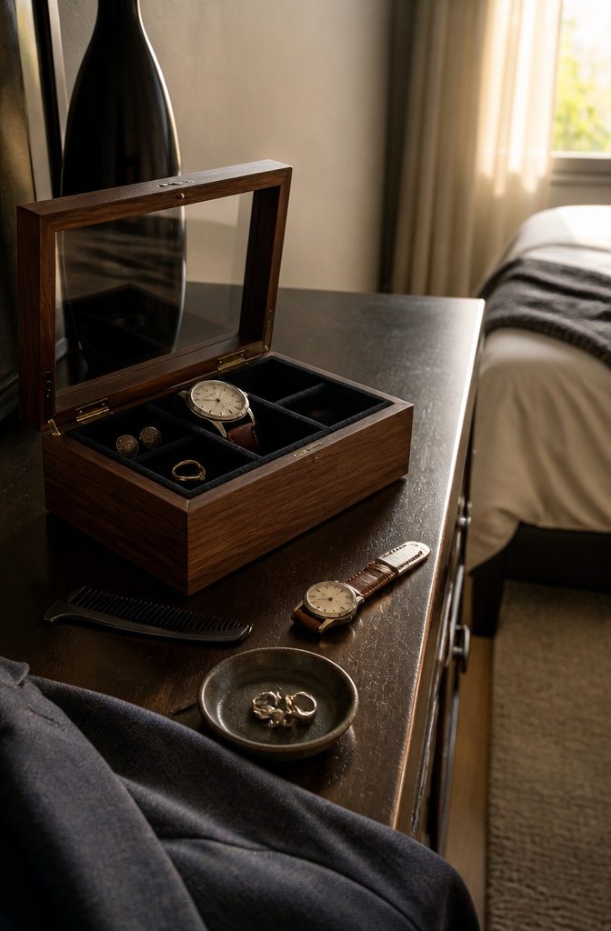 Wooden storage box with glass lid and velvet-lined watch and jewelry compartments