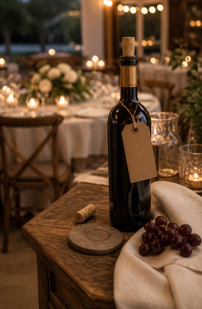 Wine bottle prepared as a wedding sponsor thank-you gift