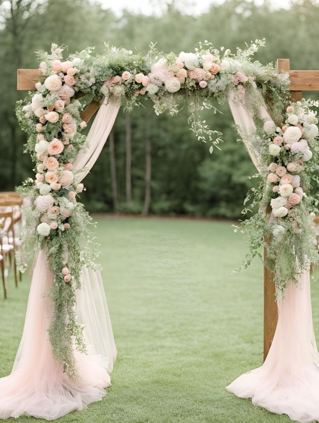 Wooden wedding arch with pale pink roses, greenery, and flowing pink tulle fabric.