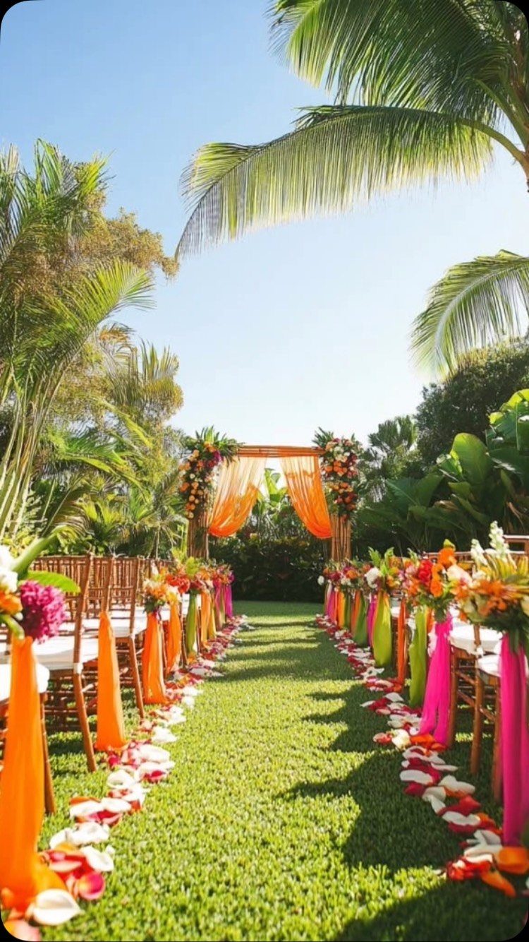 Outdoor wedding ceremony aisle with orange and pink decorations and a floral arch.