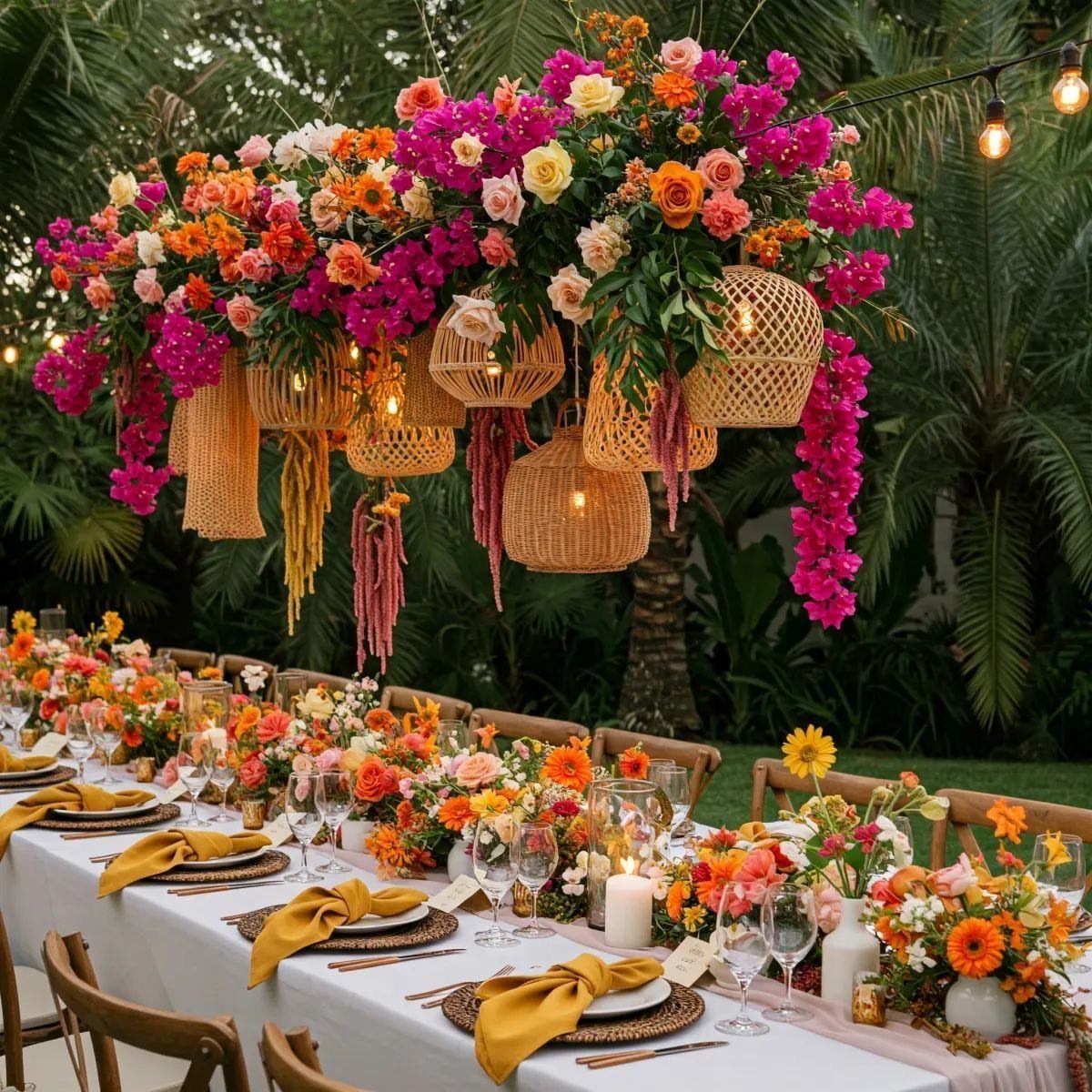Vibrant tropical floral installation and table settings with orange and pink flowers and rattan lanterns.