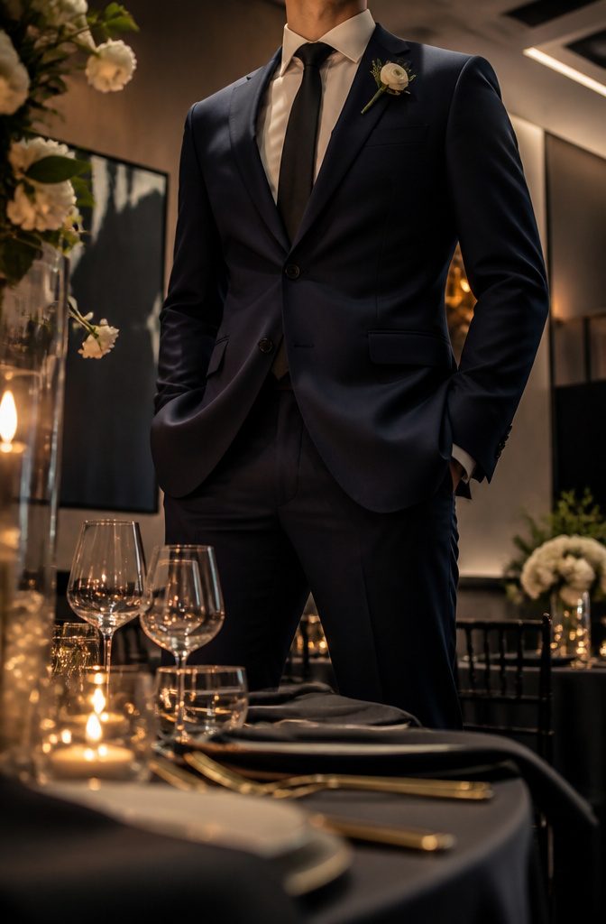 What Colour Tie with Navy Suit Wedding: A Style Guide 10 Black tie worn with a navy suit.