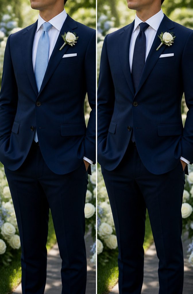 What Colour Tie with Navy Suit Wedding: A Style Guide 2 Powder blue tie paired with a navy suit.
