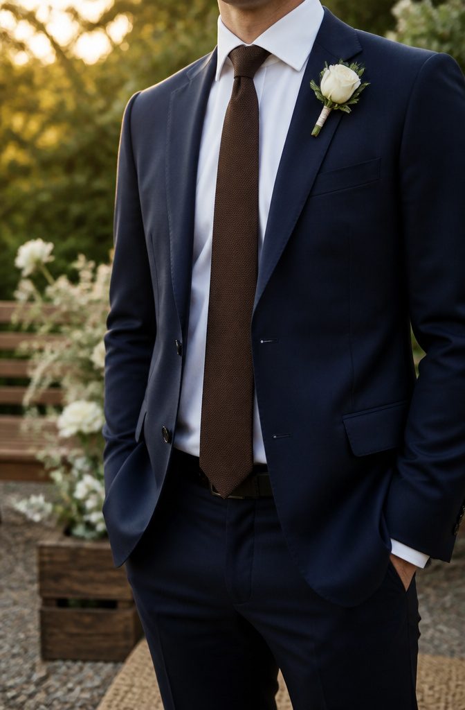 What Colour Tie with Navy Suit Wedding: A Style Guide 9 Chocolate brown tie worn with a navy suit.