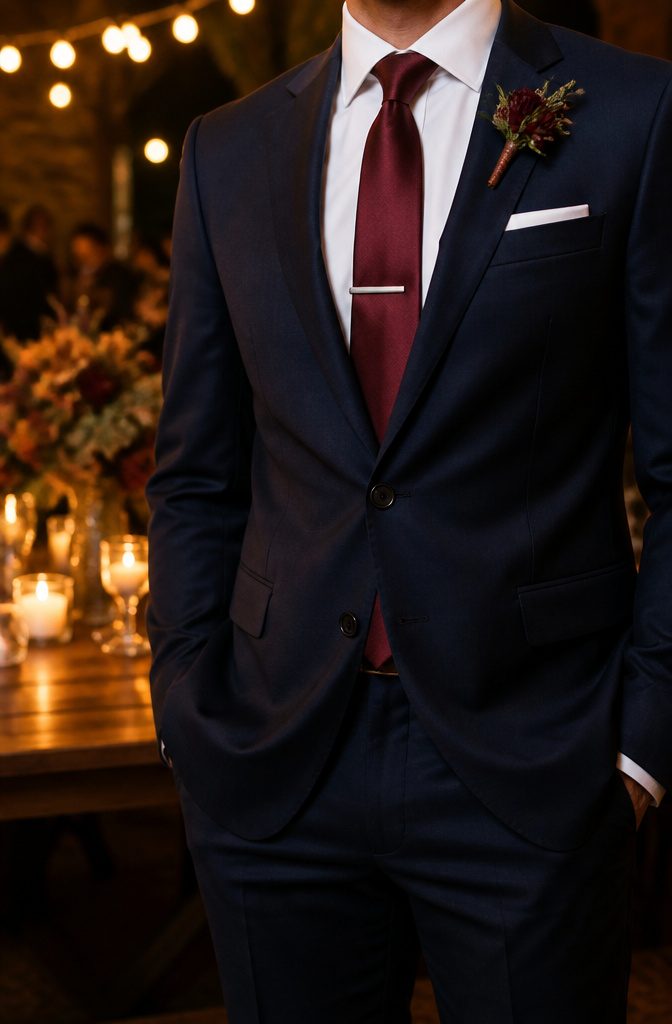 What Colour Tie with Navy Suit Wedding: A Style Guide 3 Burgundy tie worn with a navy suit.