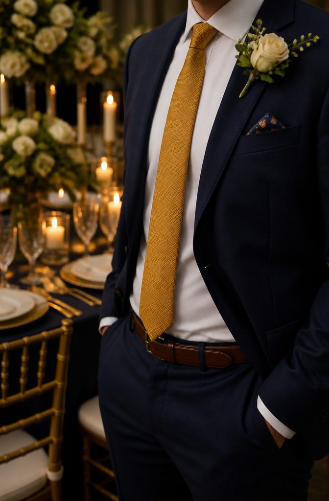 What Colour Tie with Navy Suit Wedding: A Style Guide 8 Mustard tie paired with a navy suit at an evening wedding.