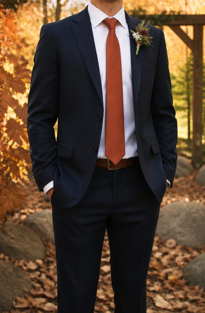 What Colour Tie with Navy Suit Wedding: A Style Guide 11 Rust-colored tie paired with a navy suit amidst fall foliage.