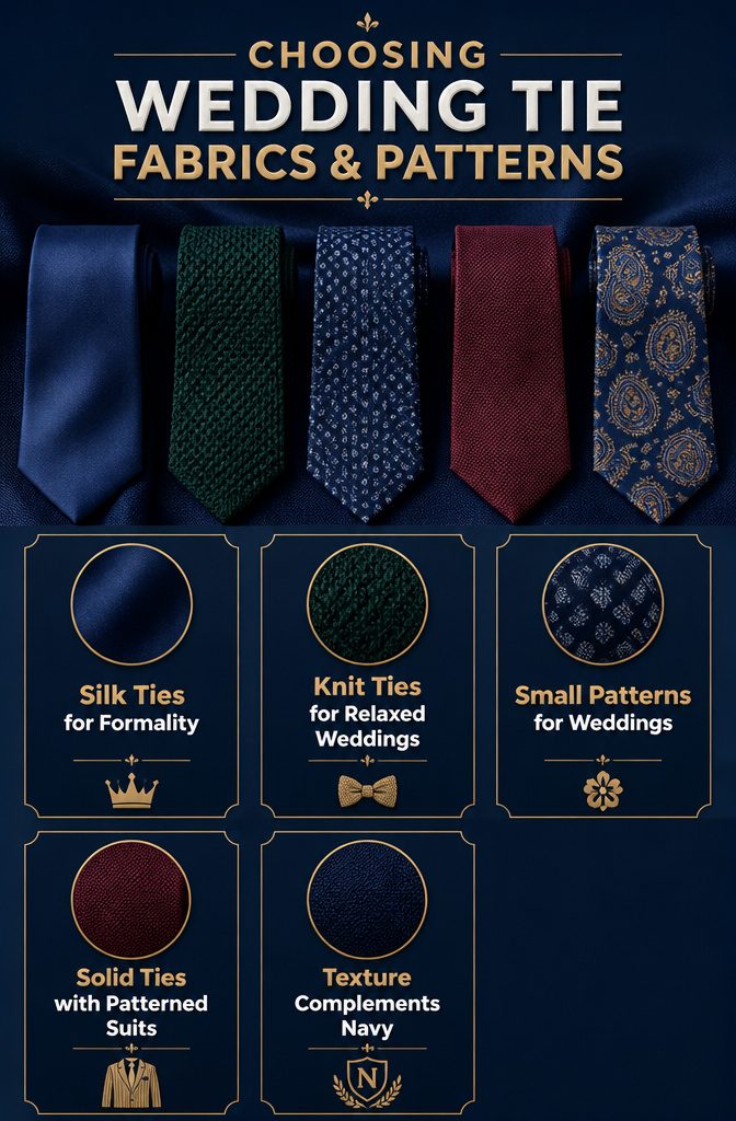 What Colour Tie with Navy Suit Wedding: A Style Guide 12 Various tie fabrics and patterns for a navy suit.