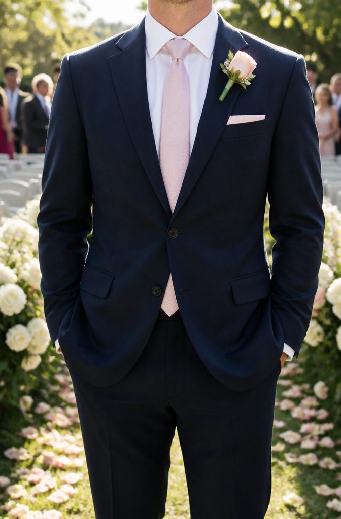 What Colour Tie with Navy Suit Wedding: A Style Guide 6 Light pink tie paired with a navy suit at a garden wedding.