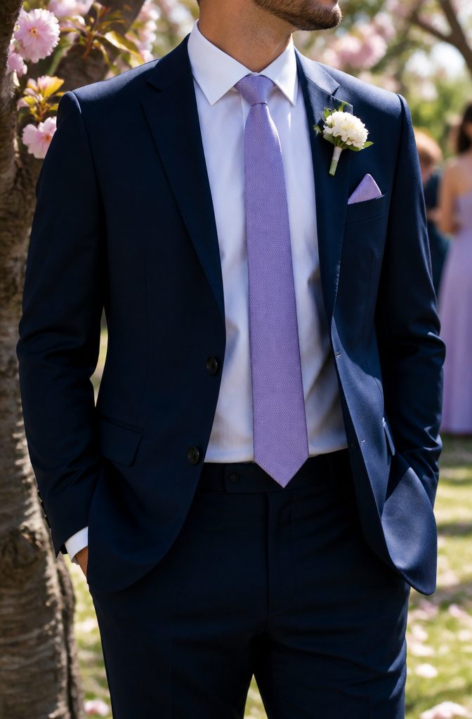What Colour Tie with Navy Suit Wedding: A Style Guide 5 Lavender tie worn with a navy suit at a spring wedding.