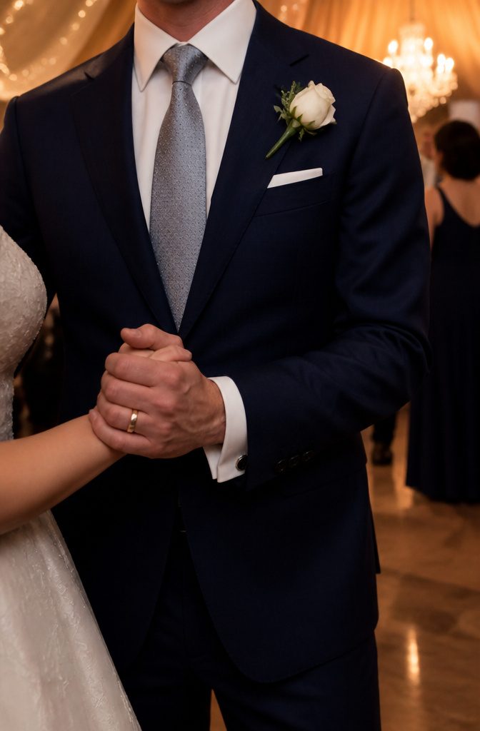 What Colour Tie with Navy Suit Wedding: A Style Guide 4 Silver tie paired with a navy suit.