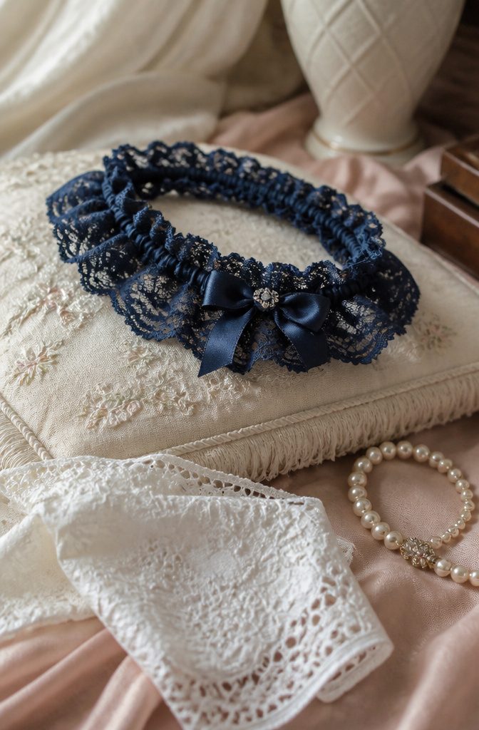 A navy lace garter on a plush, embroidered cushion.