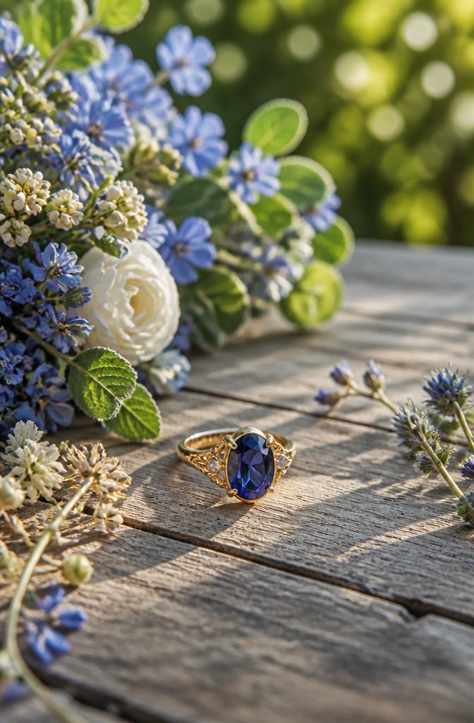 A sapphire ring with gold settings on a wooden table surrounded by flowers.