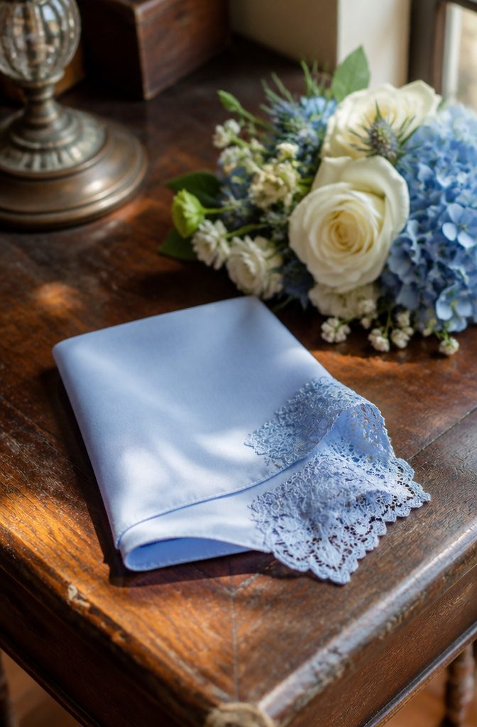A blue handkerchief with lace trim on a polished wooden table.