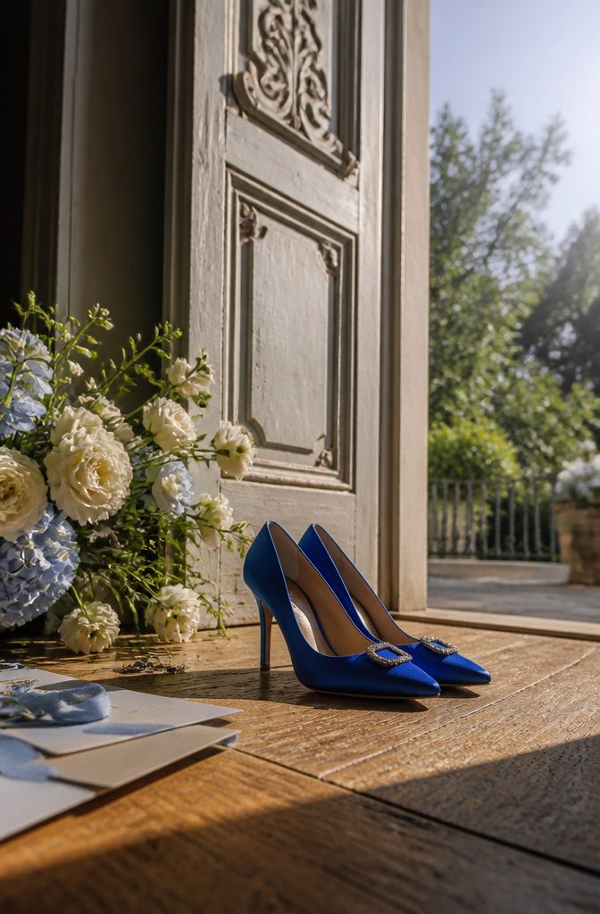 A pair of blue satin pumps on a white surface.