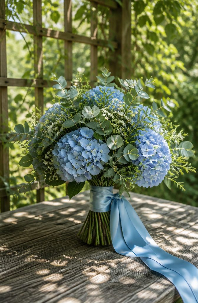 A bouquet with blue ribbon wrapped around the stems.