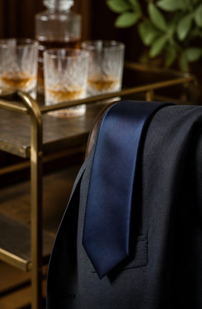 A navy tie and pocket square laid out on a neutral suit.