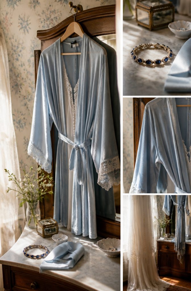 A bride's blue accessories showcased in various moments of her wedding.
